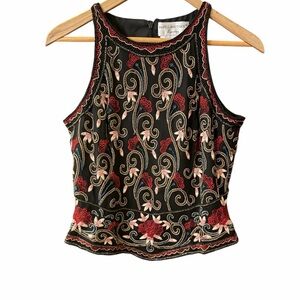 Papell Boutique Black and Red Floral Embroidered Blouse